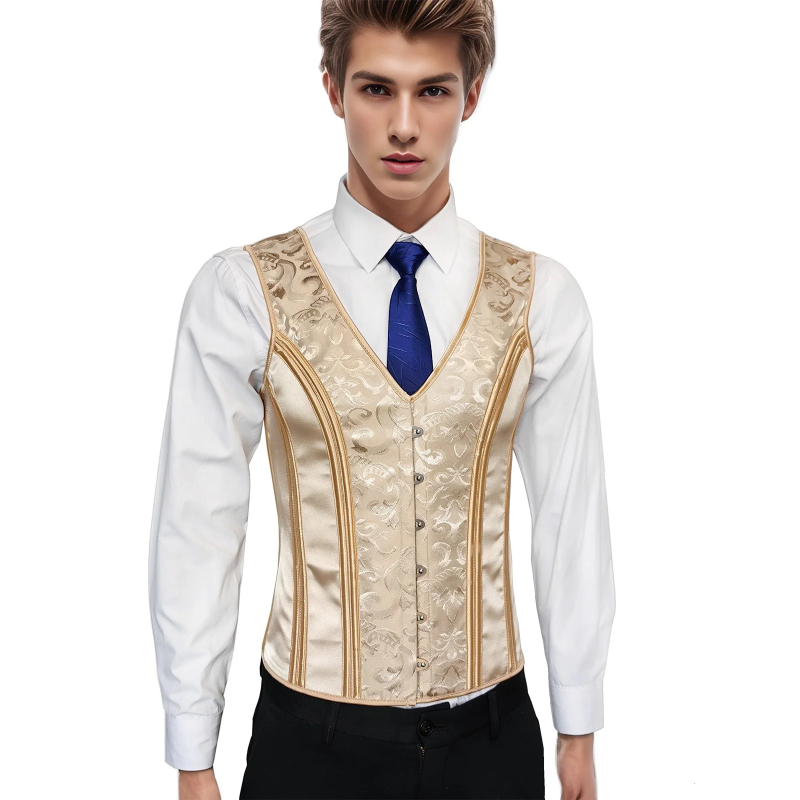 Mens tight corset vest lace top formal waist jacket beige floral waist training suit wedding dress used for wedding party tight top 241029