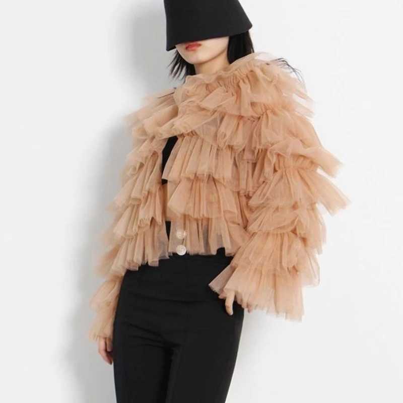 Women's Jackets Chic Perspective Mesh Stitching Ruffles Pleated Cake Shirts Long Flare Slve Gauze Lotus Multi-Layers Blouses Cardigan Tops Y24102