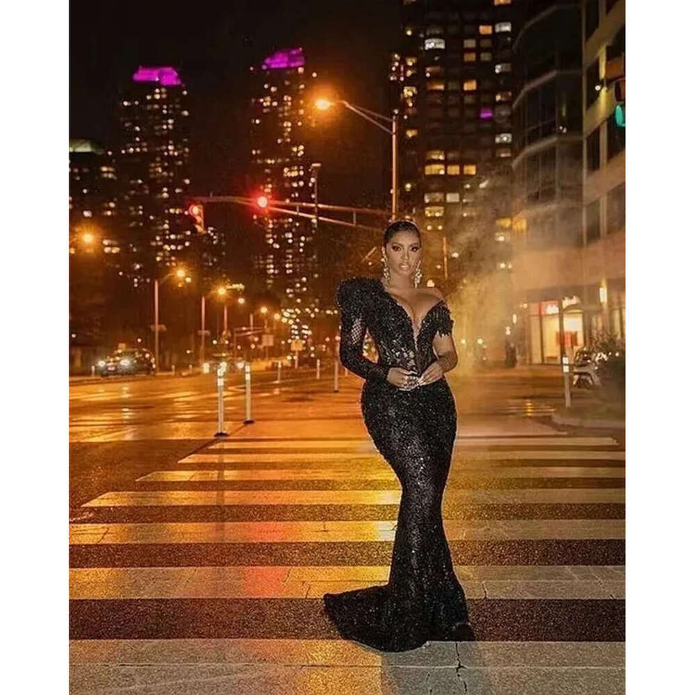 Black Sparkle Evening Dresses TV Star Porsha Williams Beaded One Shoulder Sleeve Lace Corset Sexy Engagement Dress Illusion Mermaid Prom Party Gowns C