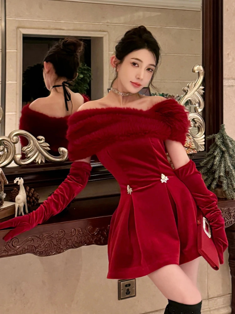Year Party Red Velvet Dress Womens Autumn Winter Diamond Shoulder Detachable Fur Collar Christmas Dating Clothing 241028