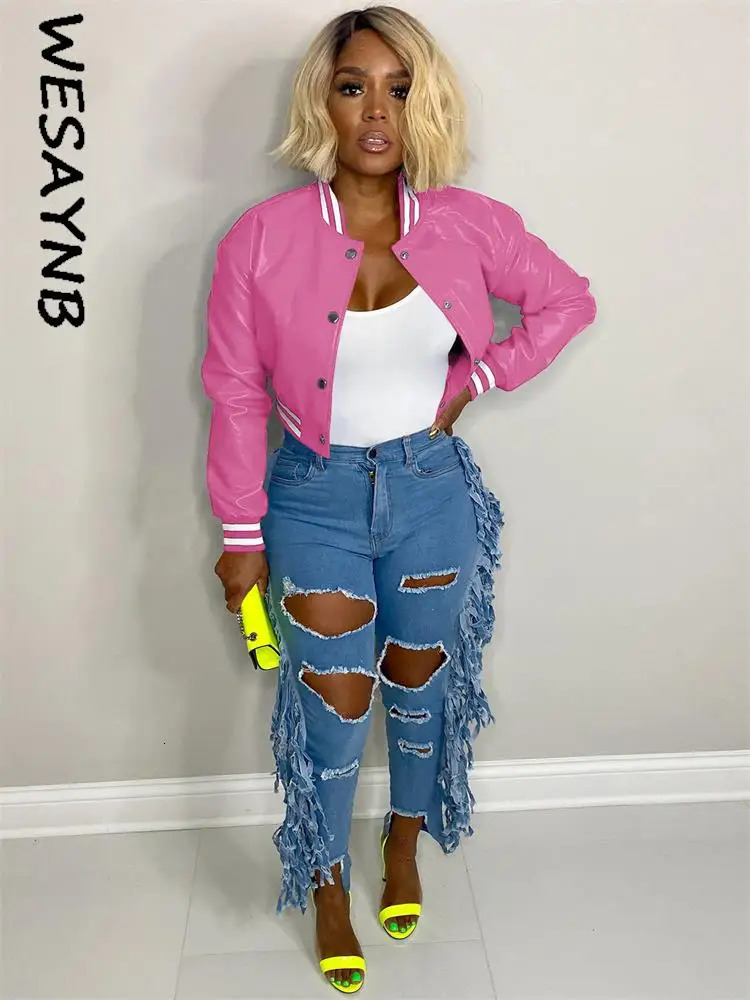 Baseball Patch Fashion Fall Pu Womens Leather Jacket Button Black Crop Top Coat University Bomber Jacket 241029