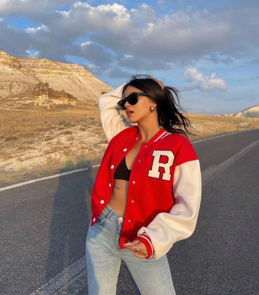 Spring womens coat baseball letter full matching coat womens winter thick warm casual sportswear womens 241029