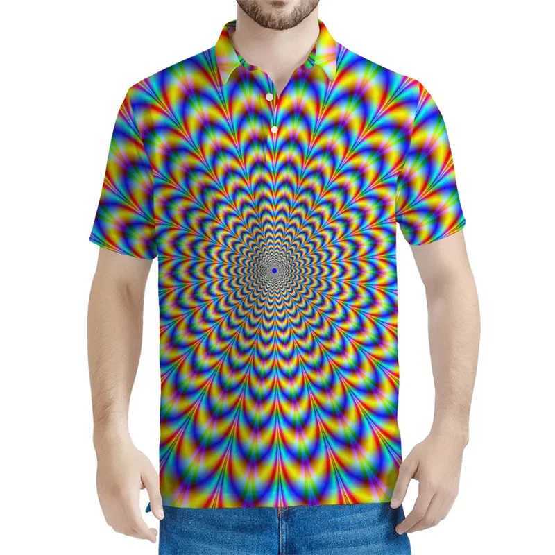 Psychedelic 3D Printed Polo Shirt Men Optical Illusion Graphic Tee Shirts Streetwear Lapel Short Sleeve Tops Oversized T-shirtX241028