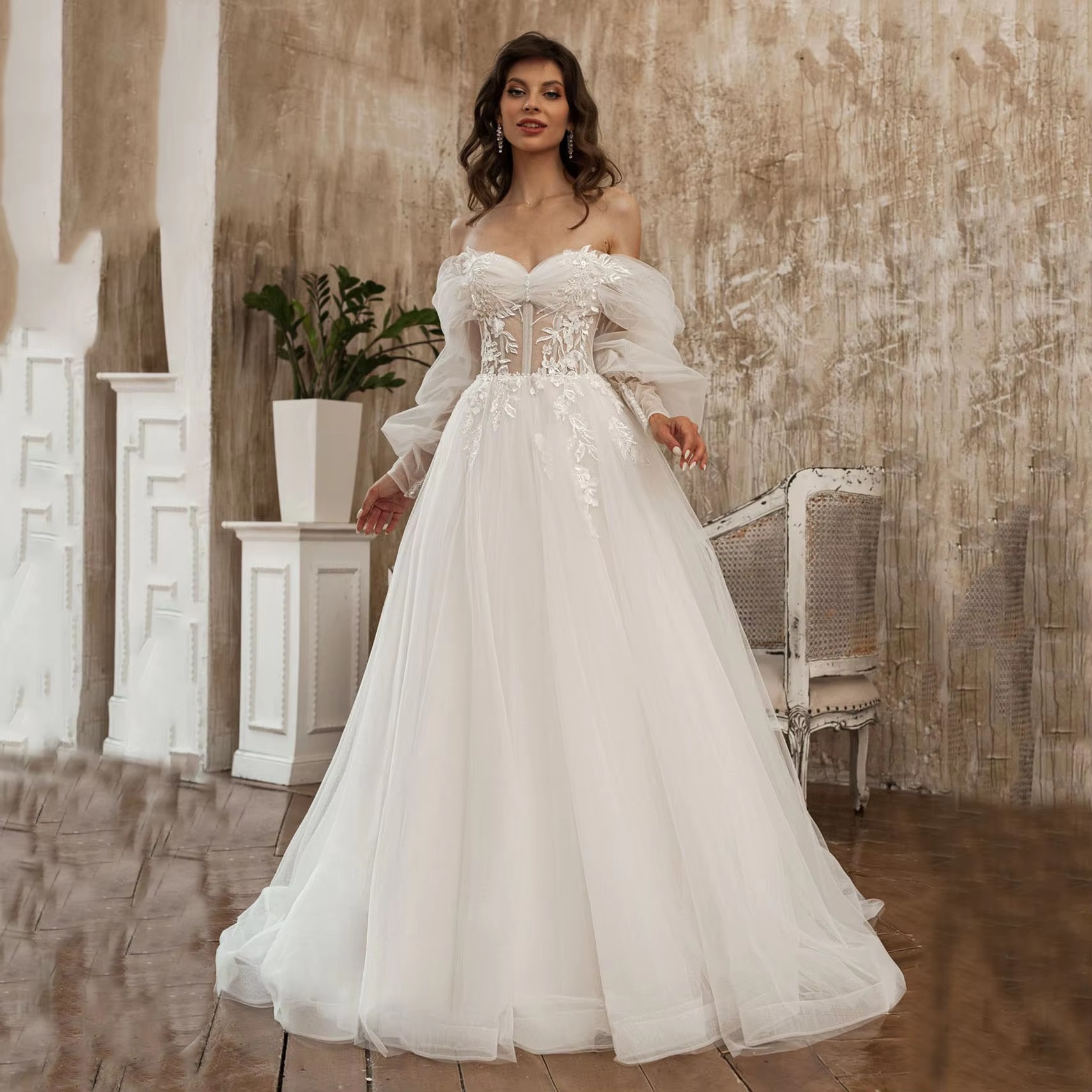 Puffy Sleeves Detachable A E Wedding Dresses Sweethear Off The Shoulder Lace Appliques Boho Beach Princess Bridal Gowns Ppliques