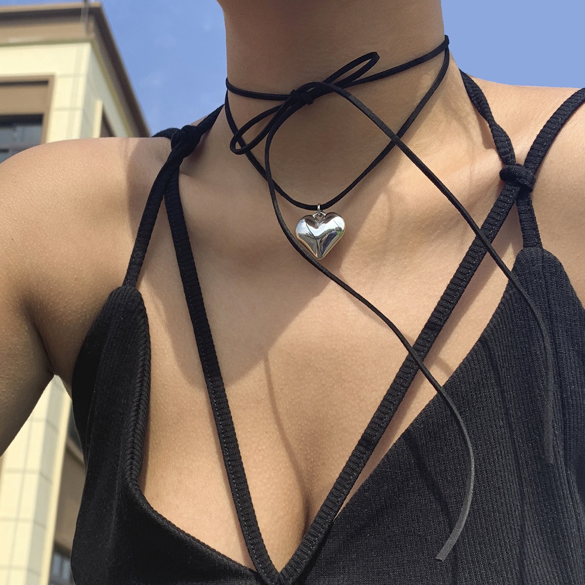 Cross Border Accessories From Europe and America Adjustable Wax Thread Large Heart-shaped Pendant Necklace Women's Simple and Personalized Choker