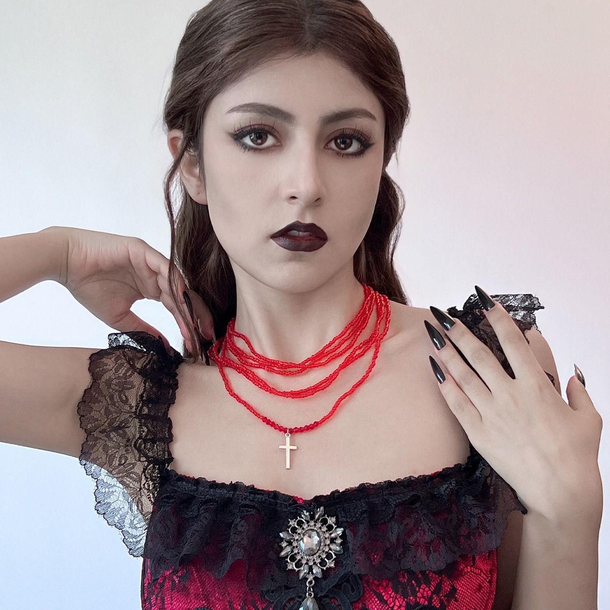European and American Cross-border Jewelry Fashion 2-piece Set with Rice Beads Collarbone Chain High-end Red Multi-layer Integrated Necklace for Women