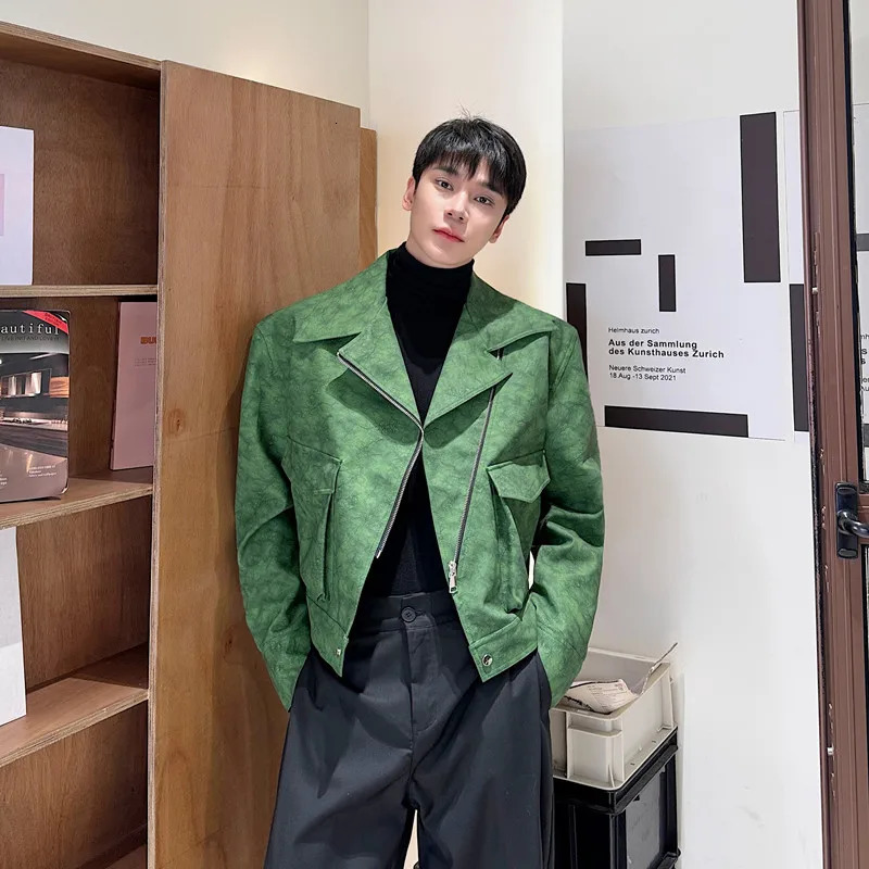 mens short PU leather jacket matte tie dyed fashionable motorcycle jacket hip-hop streetwear mens green pink 241028