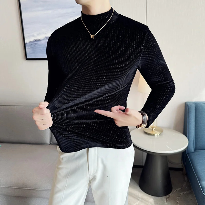 Mens high neck knitted sweater high-quality autumn and winter Korean velvet mens T-shirt slim fit casual striped T-shirt 241028