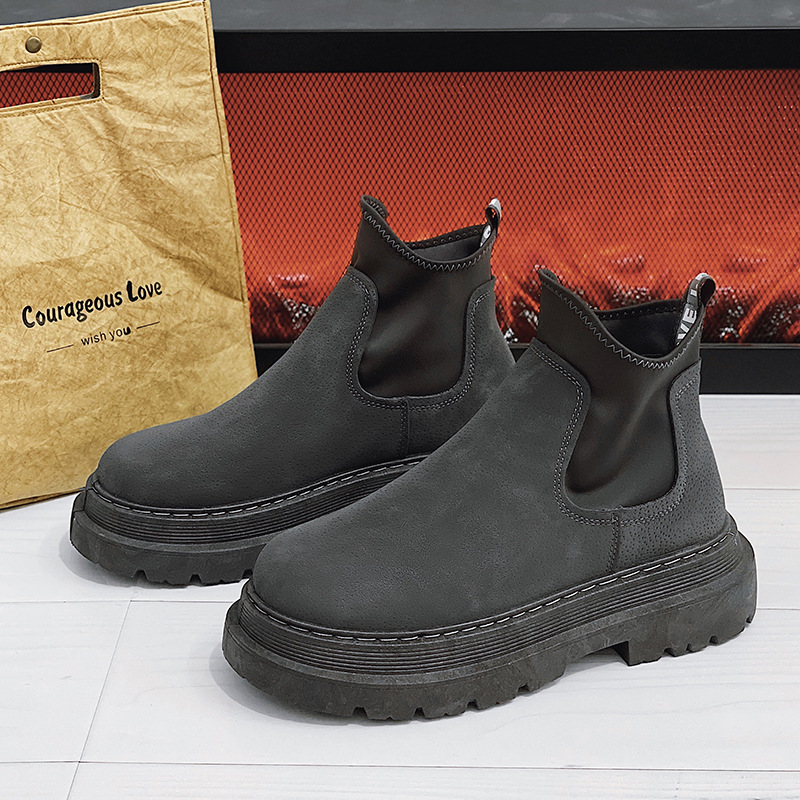 2024 New Men's Shoes Martin Boots Black Leather High Top Trendy Motorcycle Boots