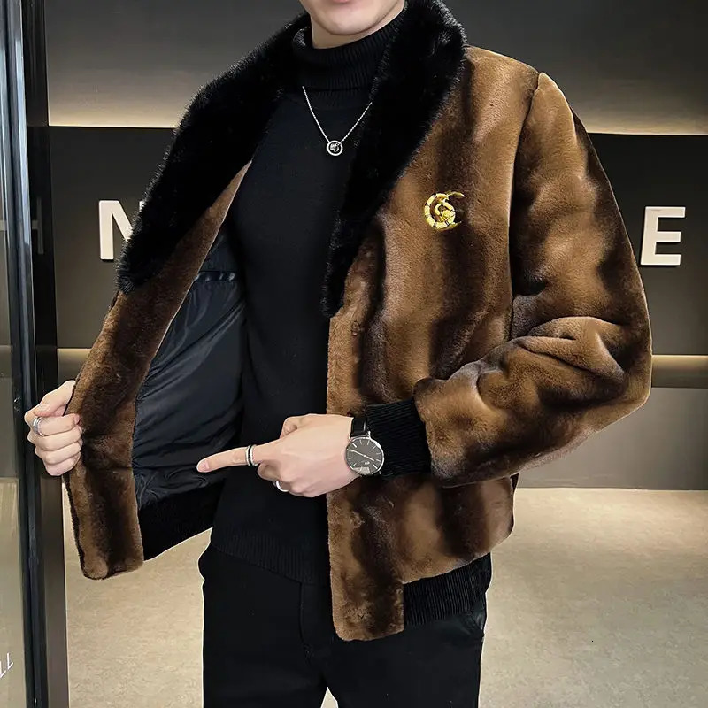 Winter mens high-quality faux fur coat mens mink ultra-thin V-neck fashionable coat casual plus size solid color warm coat 241028