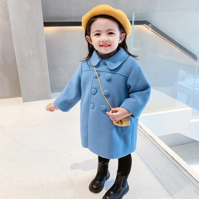 Winter Children Wool Blends Coat Korean Version Baby Girls Mid-length Style CLIP Cotton Thicken Double Breasted Outerwear 241028