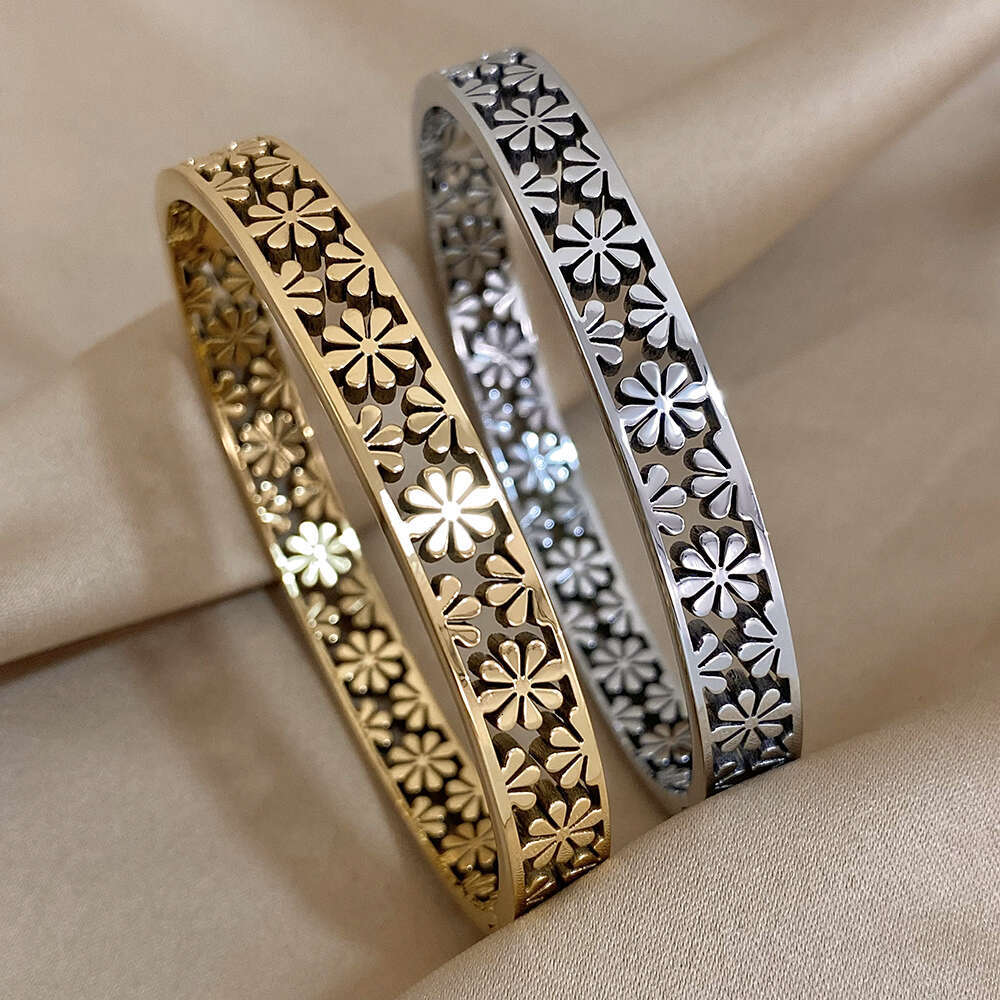 Greatera Stainless Steel Hollow Daisy wer Cuff Bracelet Bangles for Women Gold Plated ral Bracelets Waterproof Jewelry