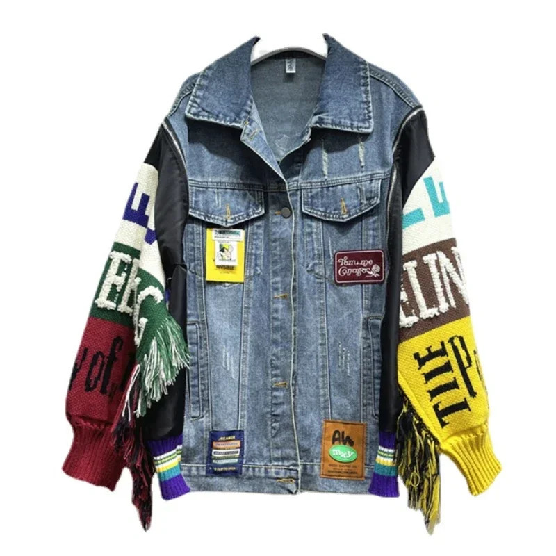 Womens letter badge embroidered denim jacket knitted patchwork sleeves sweater Tassel jeans jacket streetwear cardigan top Chaquetas 241024