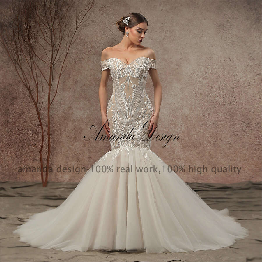 Amanda Design New Arrival Custom Made Champagne Off Shoulder Lace Applique Mermaid Wedding Dress 0227Lz