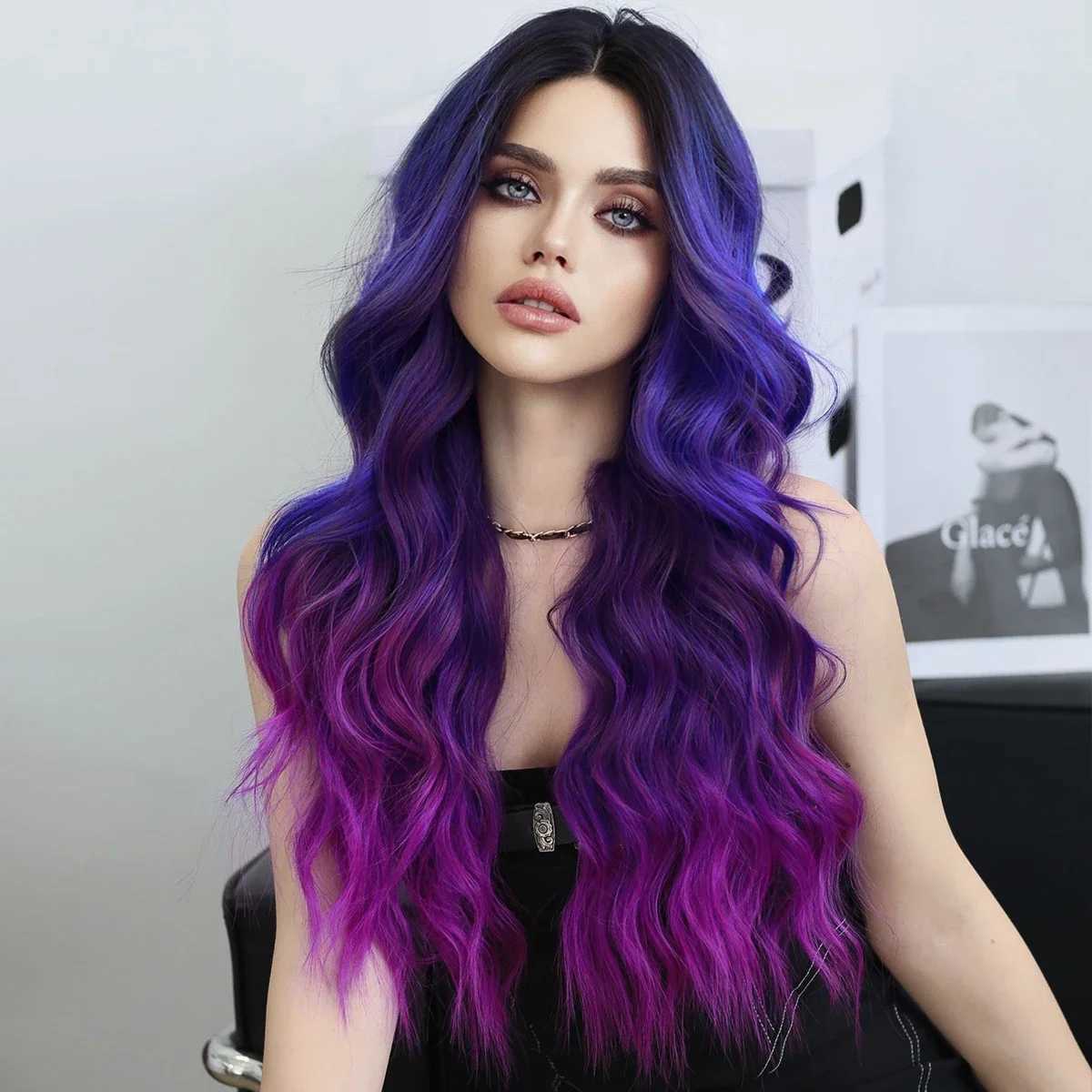 New Arrival High definition transparent lace front wig blue Ombre purple body wave wig with bangs high-density synthetic lace front part wig Z241028
