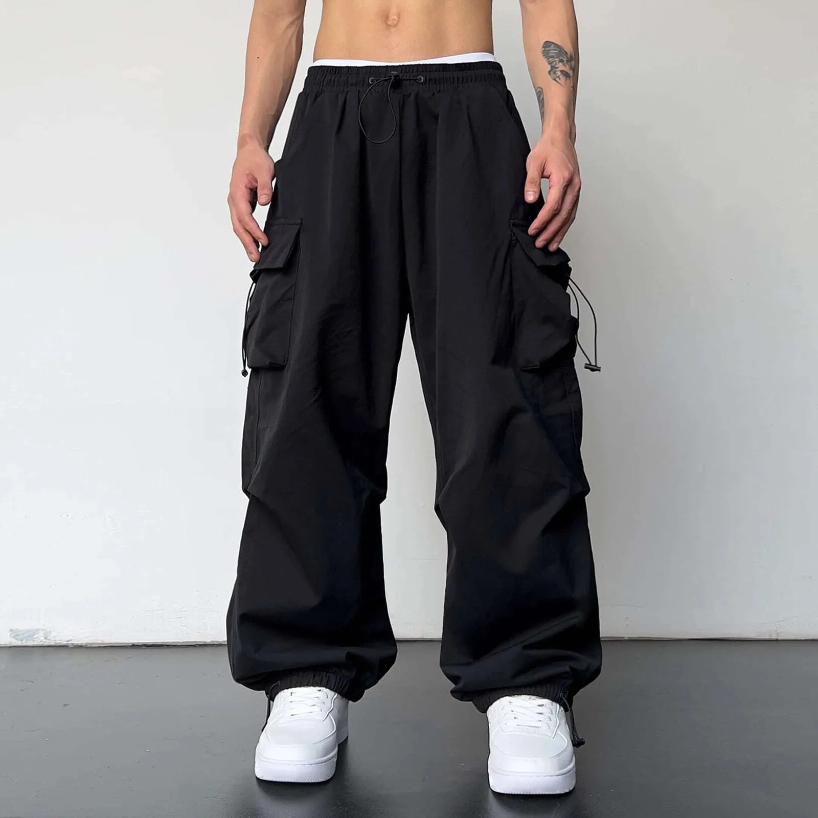 Army Green Mens Baggy Long Pants Casual Streetwear Solid Color Multi Pockets Cargo Pants Full Length Trousers Loose Cargo Pants 241028