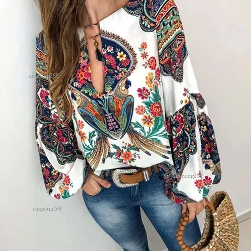 2020 Summer S-5XL Women Bohemian Clothing Blouse Shirt Vintage Floral Print Tops Ladies Blouses Blusa Feminina Plus size V-Neck Clothes