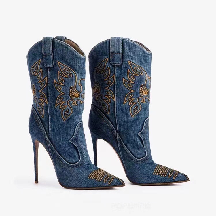 Embroidered Car ing 11cm High Heeled Pointed Western Cowboy Women Denim Fashionable Spicy Girl Sexy Knight Boots 46