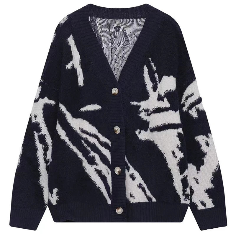 American Vintage Flocking Cardigan Knit Sweater Mens Clothing Loose Oversized Winter Cardigans Coats Y2k HipHop Streetwear 241024