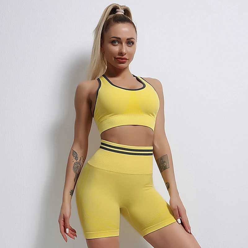 Women's Tracksuits Seamless Sport Set Women Sexy Bra Shorts Sportswear 2 Pieces Stripe Patchwork Workout Outfit Fitness Suit Gym Clothing Y241029