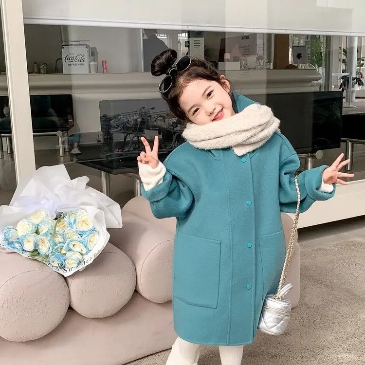 Wool Blends Coat Korean Winter Girls Long Hooded Warm Jacket Childrens Clothing Fashion Thicken Overcoat Kids Outerwear S65 241028