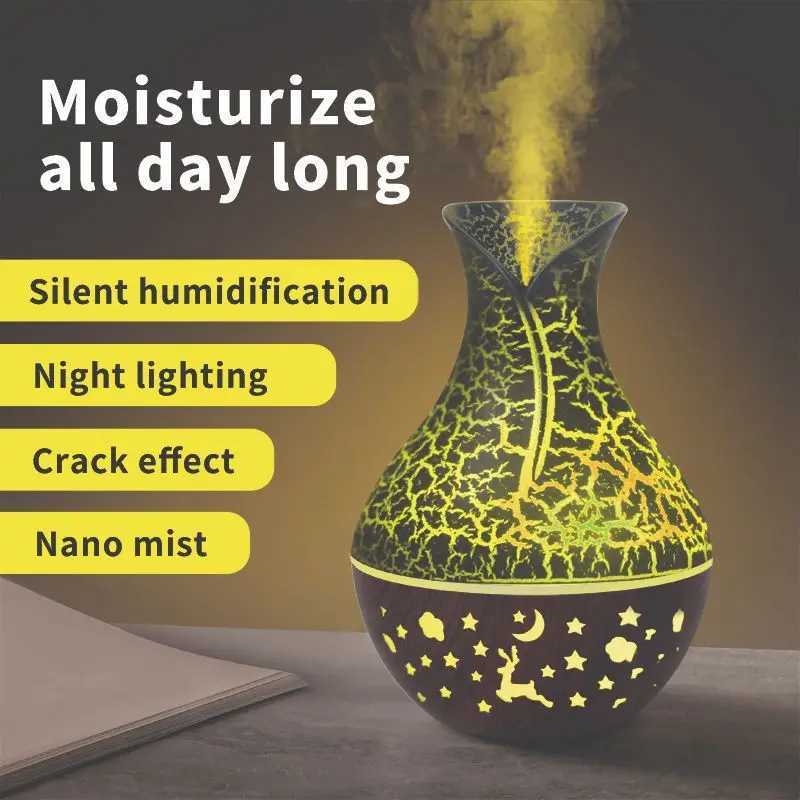 150ml new Vase air humidifier hollow wood grain aramid essential oil diffuser 7-color LED light Y241104