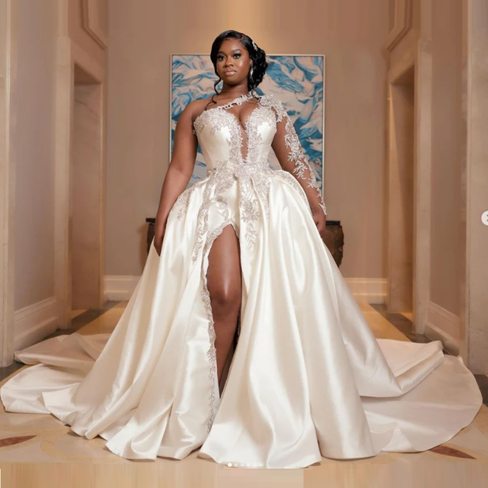 African Appliques One Shoulder Wedding Dresses A Line Sexy Side Slit Bride Gowns Elegant Formal Beach Party Woman's Vestidos