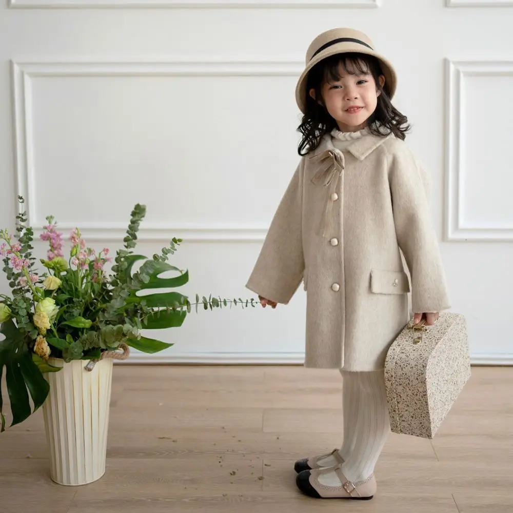 Winter baby Girls Long Tweed Jacket Coat Kids Princess Thickened Bow Single-breasted Coat Children Warm Jacket overcoat clothes 241028