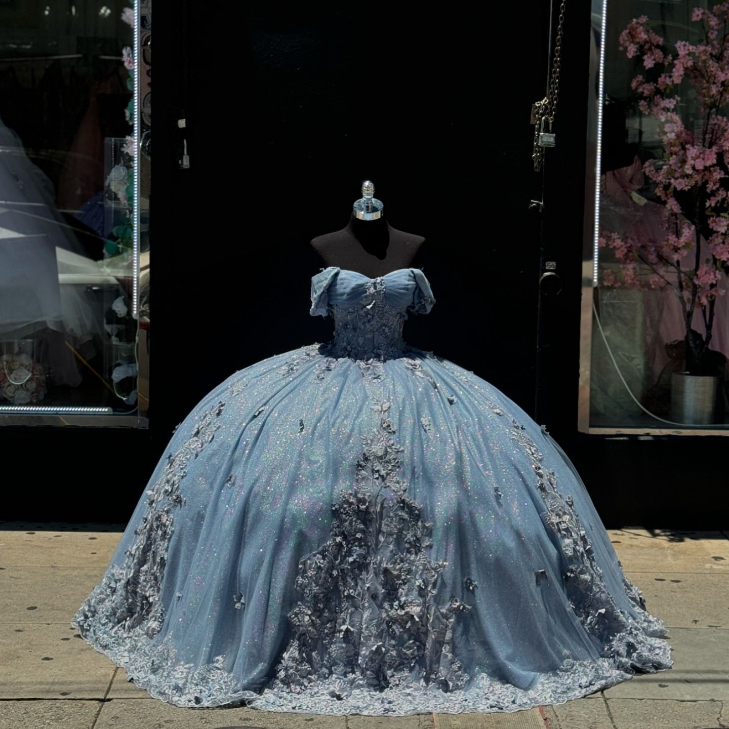 Baby blue princess dresses prom ball gown off shoulder glitter sequins vestido de quinceanera appliqued long train 15 Masquerade Dress