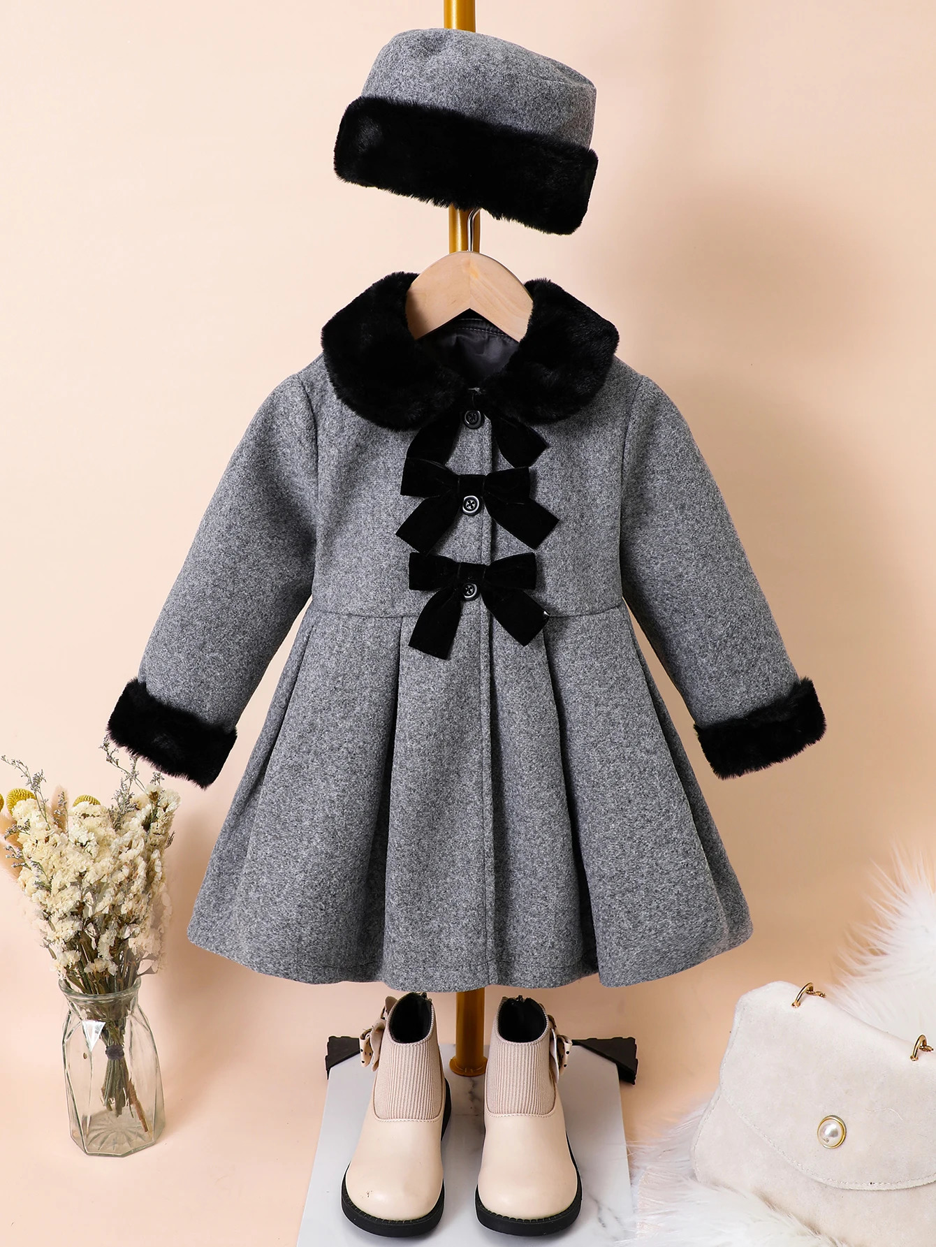 Girls autumn and winter fashionable British style coat with fur collar bow tie woolen coat and hat 241028