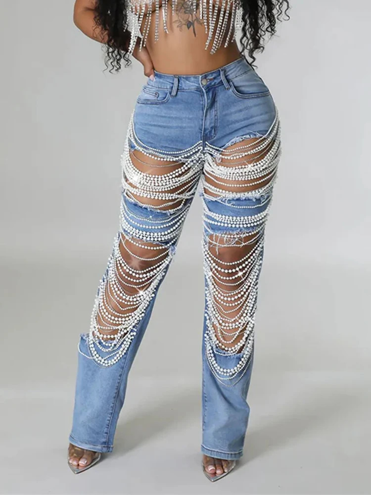 Women Plus Size Pearls Jeans Casual Vintage Cutout High Waist Y2K Streetwear Pearls Denim Jeans Pockets Slim Denim Trousers 241028