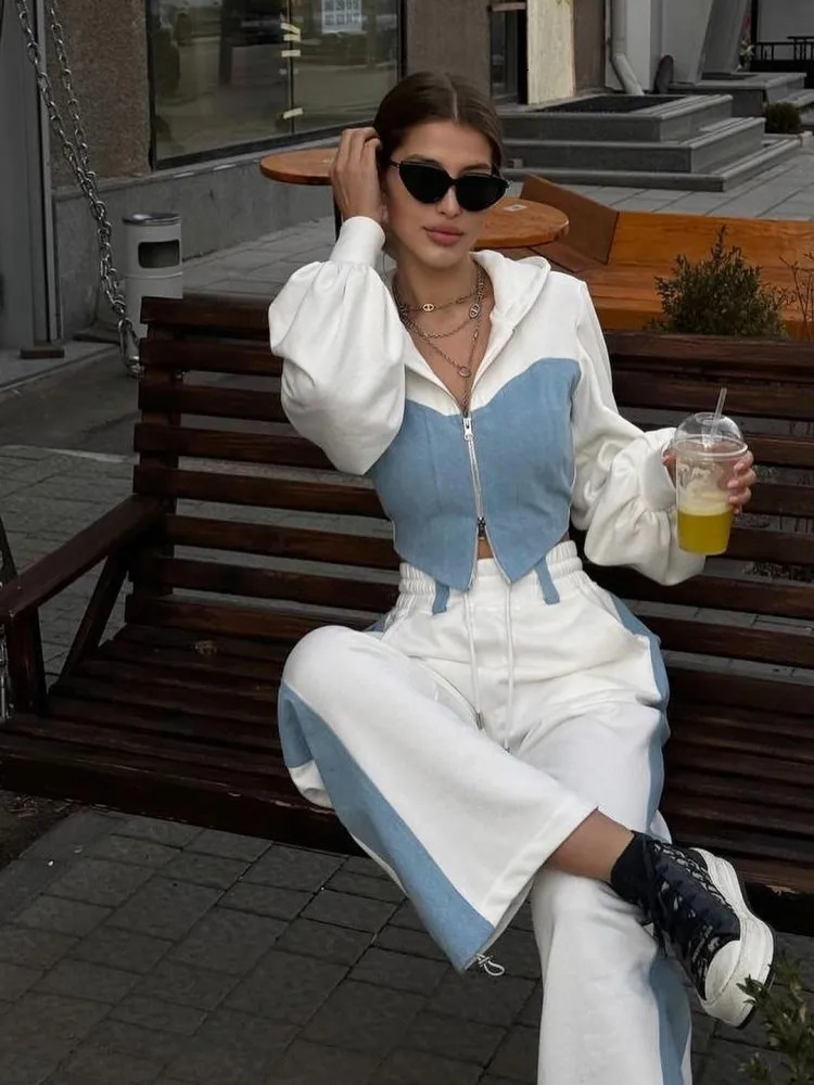 Fashion Patchwork Denim 2 Piece Sets Women Outfit Slim Hoodies Crop Top Wide Leg Sweatpants Suit Streetwear Casual Tracksuits 241028