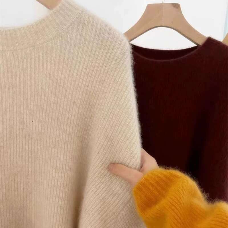 Autumn Winter Europe United States Fan100% Cashmere Women's Crewneck Thick Bottom Loose Pullover Knitted Sweater