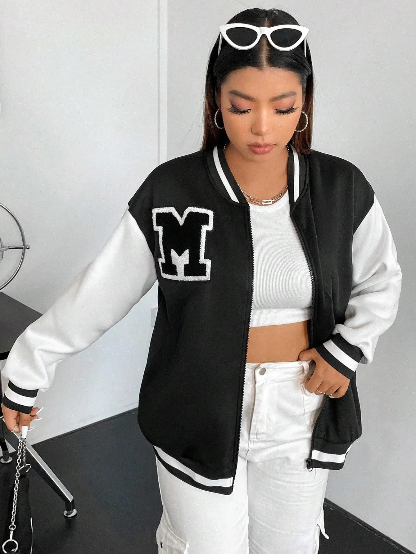 WDIRAA womens plus size letter patch stripe border zipper long sleeved colorful lock baseball bomber jacket 241029