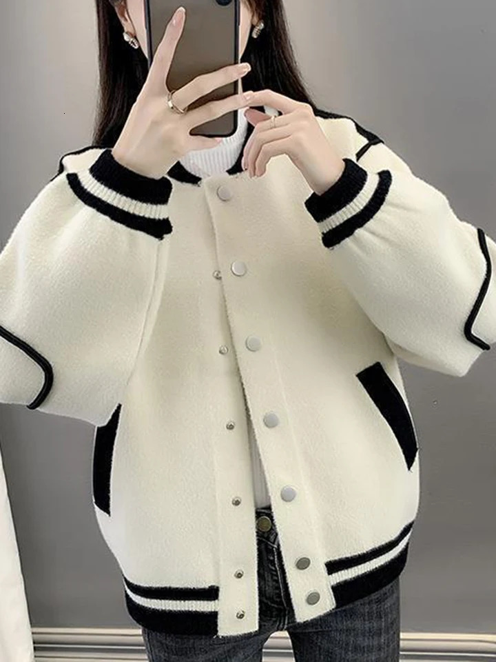 Autumn and Winter Womens Baseball Jacket Korean Loose Short Sleeve Jacket Womens Street Clothing Casual Jacket Womens 241029