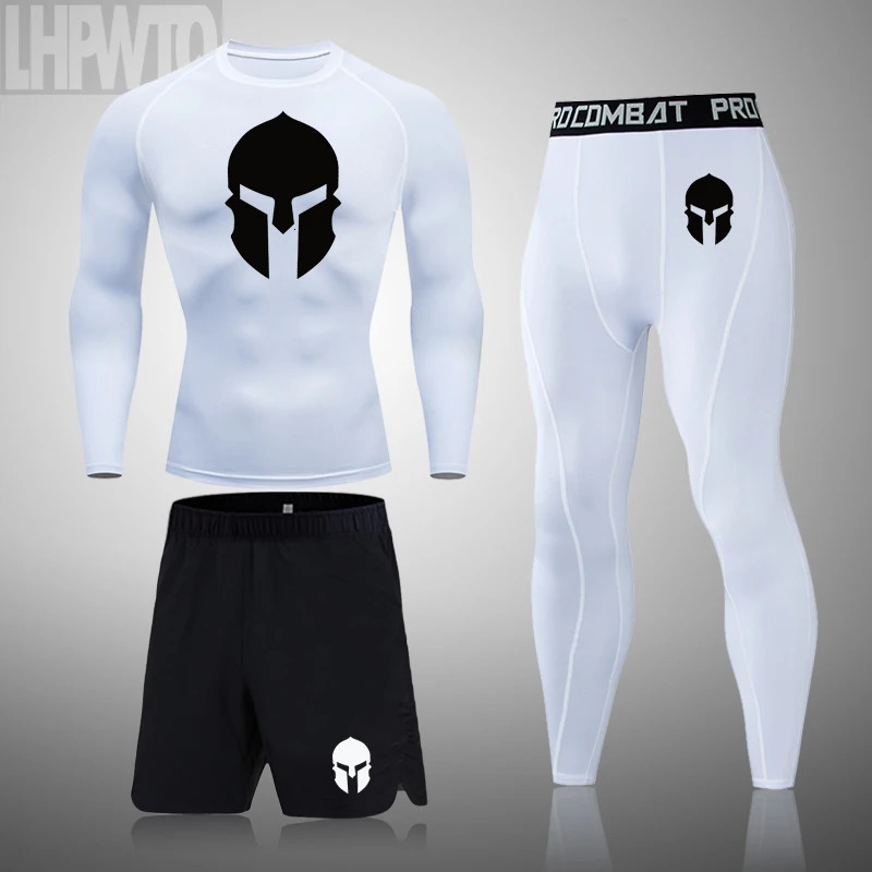 3 Pcs Sports Suit Mens Jogging Sets High Elastic Fitness Set Spartan Sportswear Compress TShirt Thermal Underwear 241028