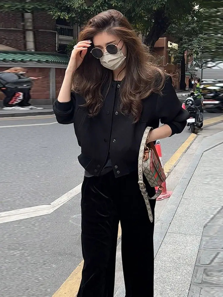 Red baseball uniform womens spring single chest round neck short casual loose jacket top 241029