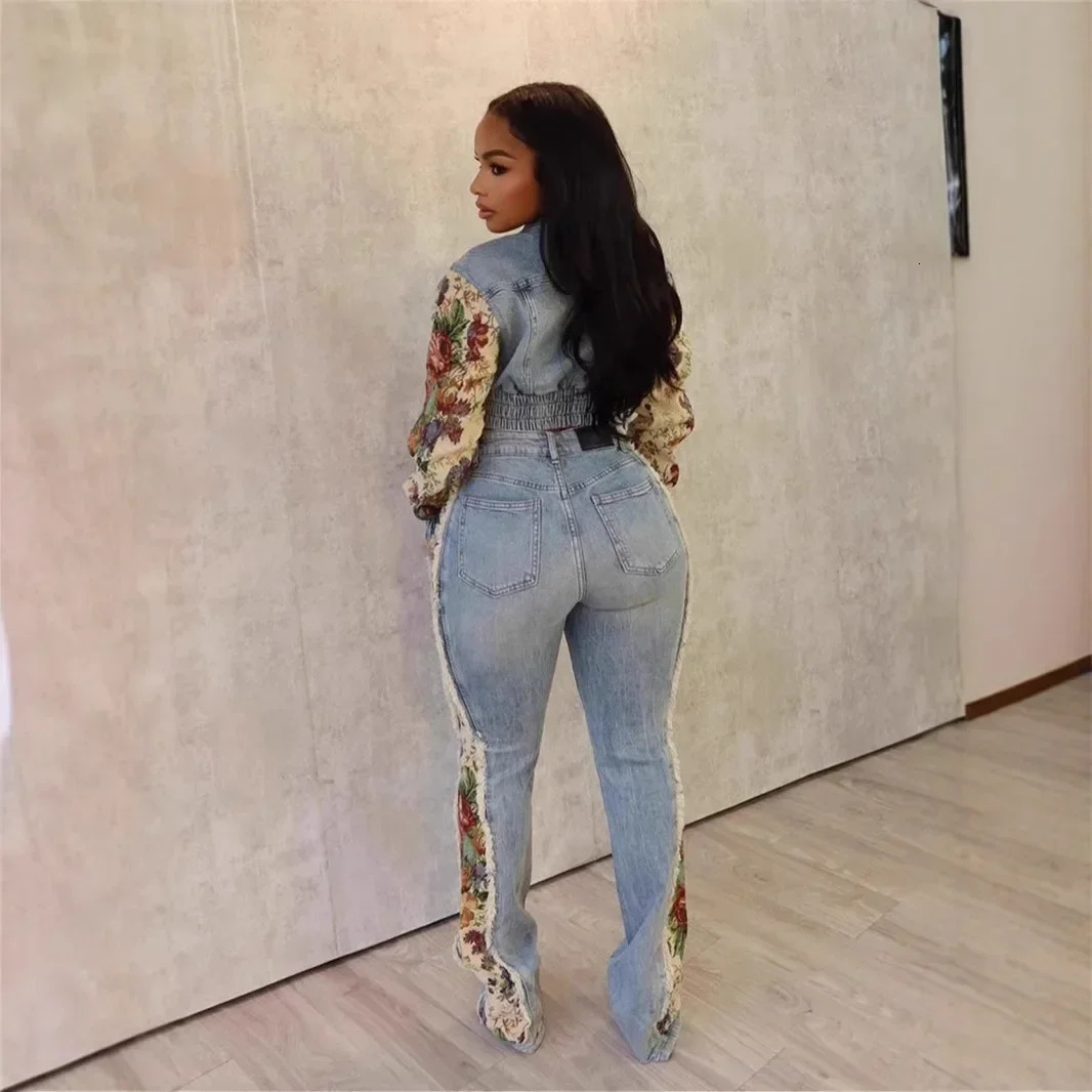 Denim Womens Set Floral Patchwork Full Sleeve Button Fly Jacket and Ripped Jeans Pants Suit 2024 Two 2 Piece Set Outfit 241028