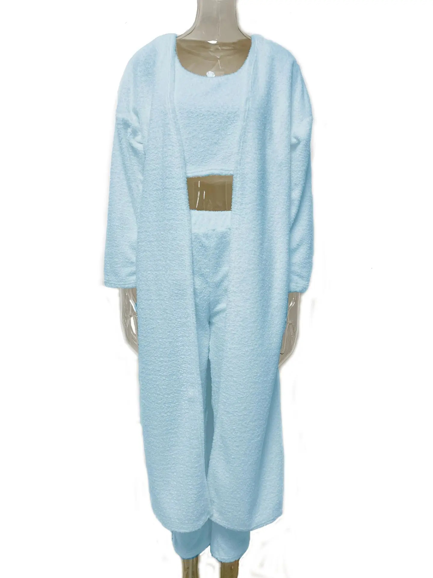 Women Knitted Plush Comfy Outfit Set Lounge Wear Plush Crop Top And Cardigan And Long Trousers Pants Pajamas 3 Piece Set 241028