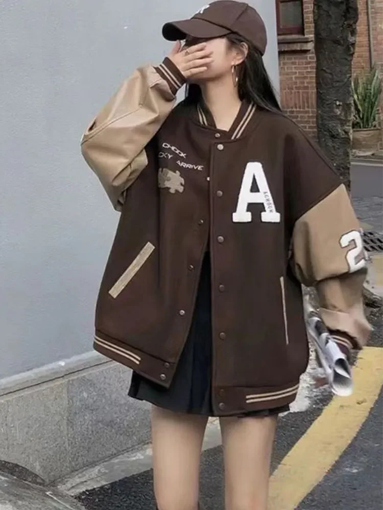 Wool baseball jacket womens autumn retro bomber jacket womens Y2K letter printed jacket womens prefabricated style jacket 241029