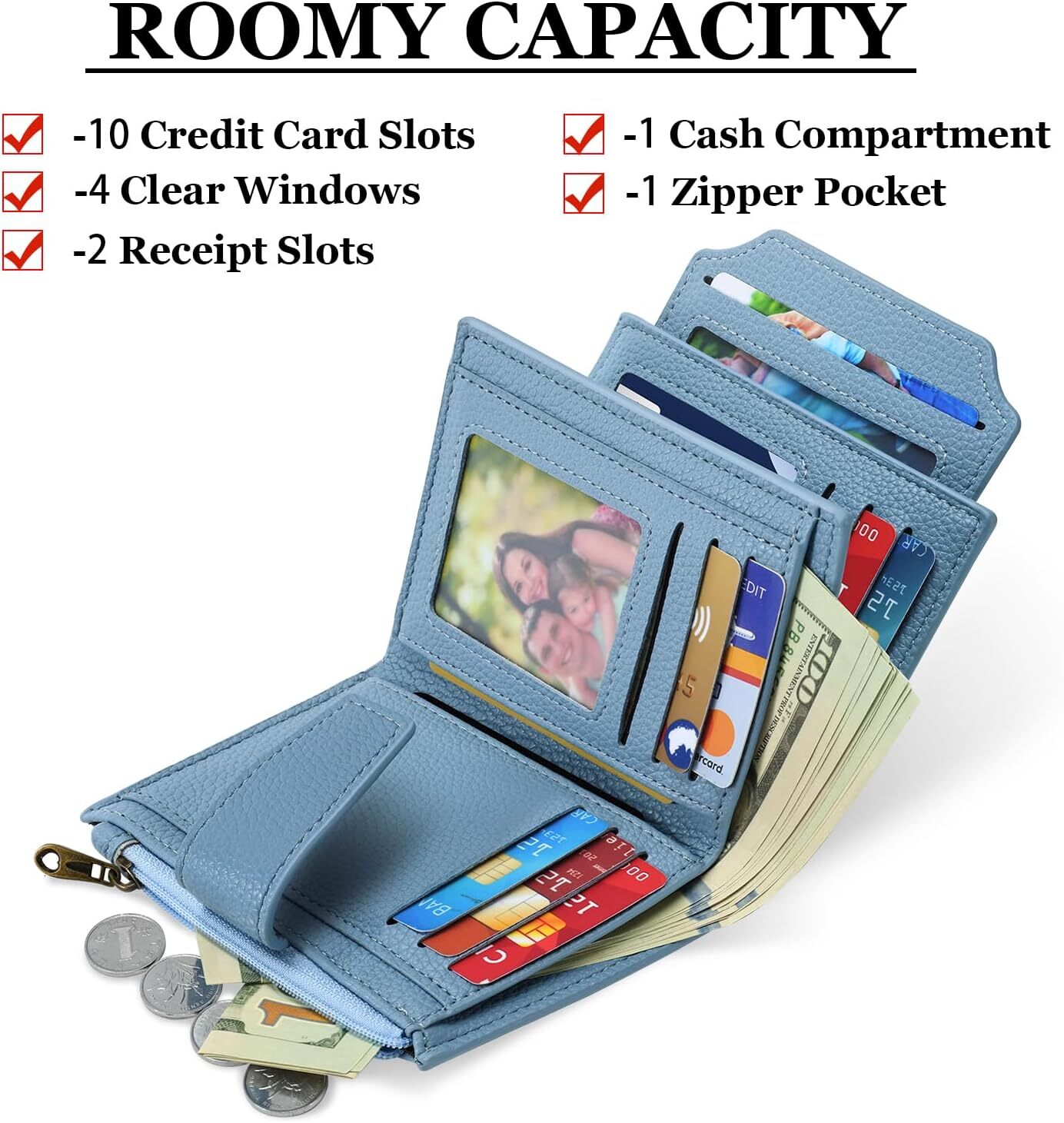 Airkit Leather Small Women's Double Fold Compact RFID Shielded Credit Card Clip, Girls' Mini Travel Pocket Passport Wallet, Comes with 4 ID 