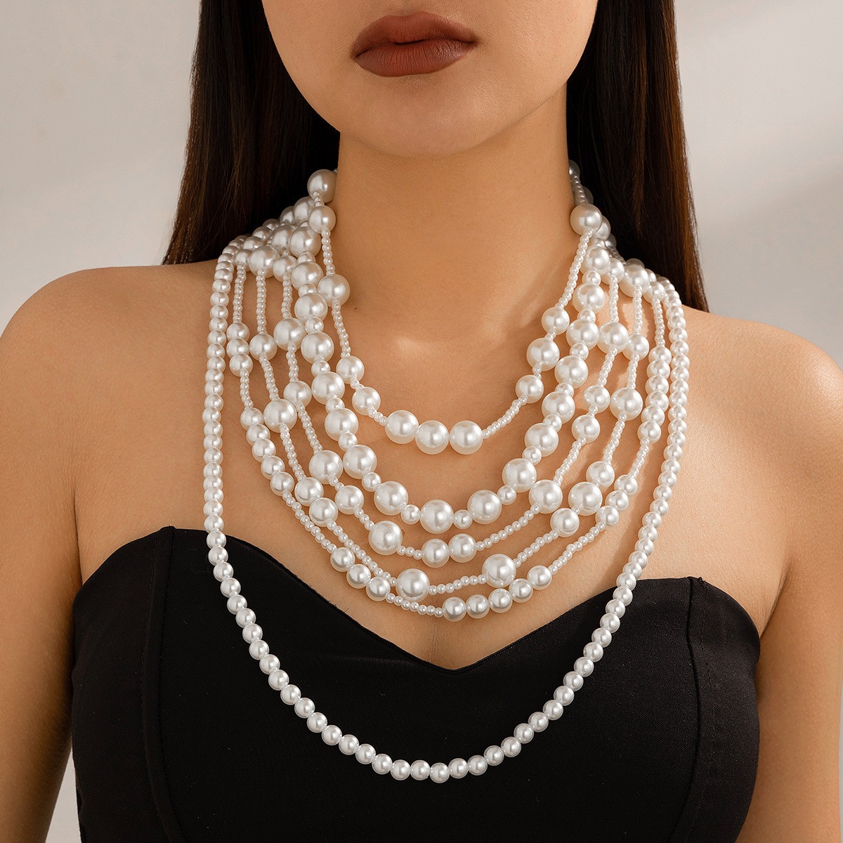 European and American Exaggerated Multi-layer Imitation Pearl Necklace Women's Dress Fashionable Bride's Small Fragrance Bead Necklaces Set