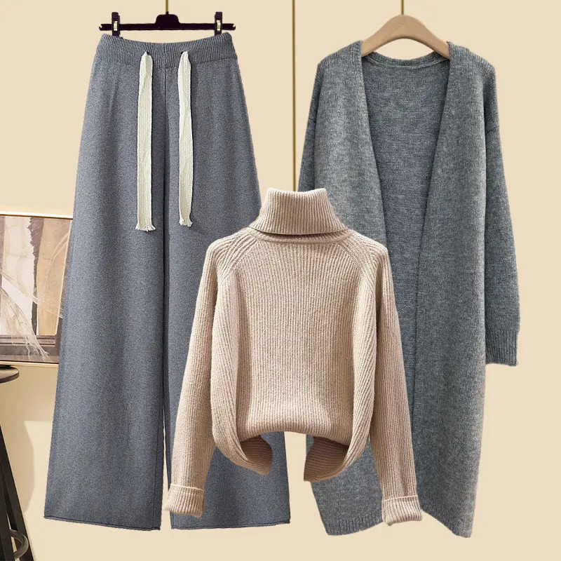 Winter High Neck Knitted Sweater Casual Knitted Windbreaker Knitted Wide Leg Pants Three Piece Elegant Womens Pants Set 241028
