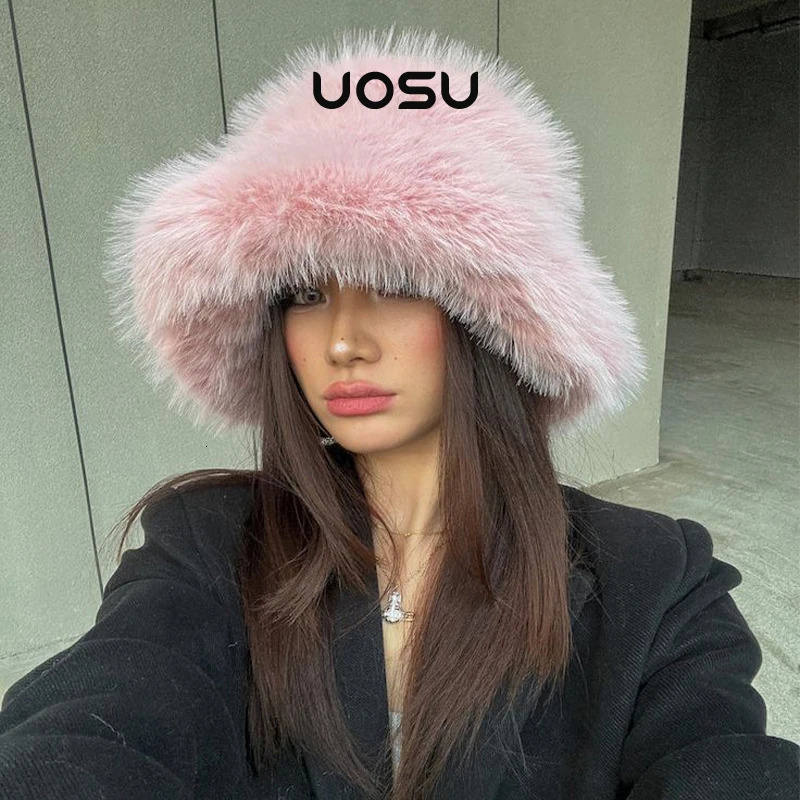Harajuku Y2k Beanie Bucket Purple Womens Winter Hat Fluffy Fur Warm Artificial Fur Festival Party Fashion Girls Fashionable Autumn Clothing 241029