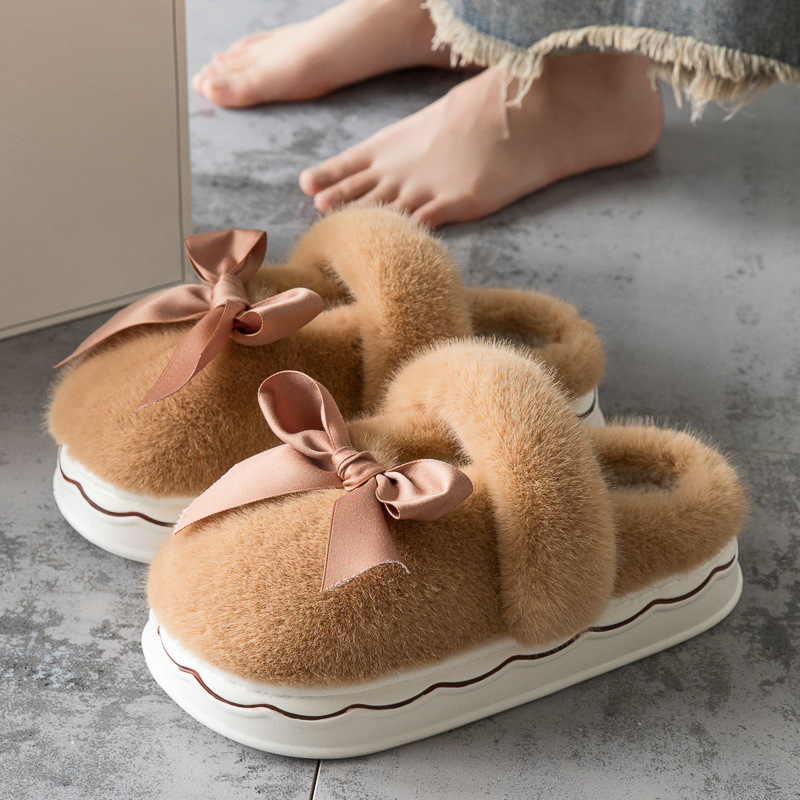 2024 New Autumn/Winter Plush Bow Slippers for Women's Home, Anti slip Thick Soft soled NEW hot Cotton Shoes, Free Shipping