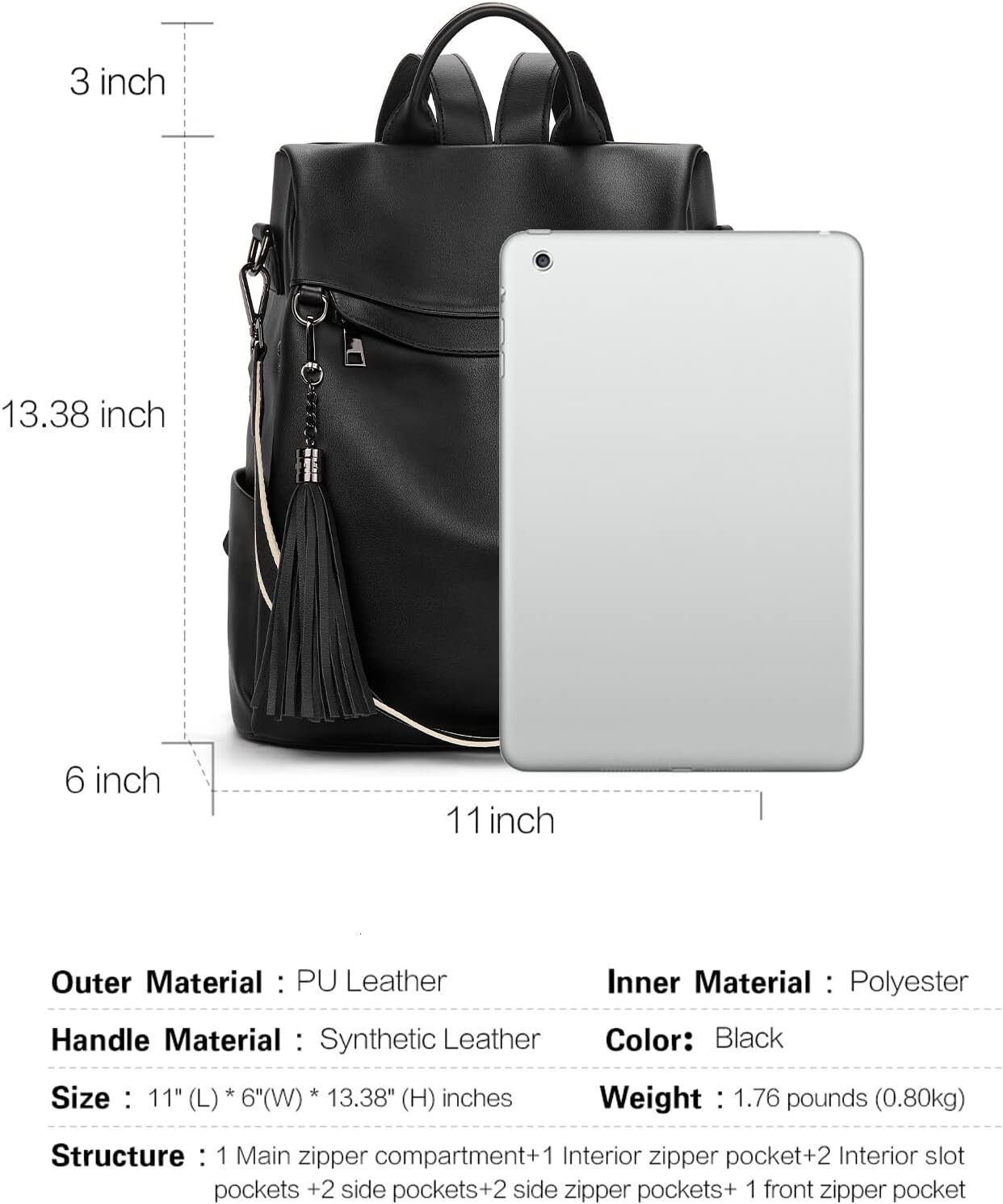 Ladies' PU leather anti-theft travel backpack wallet, shoulder bag with tassels