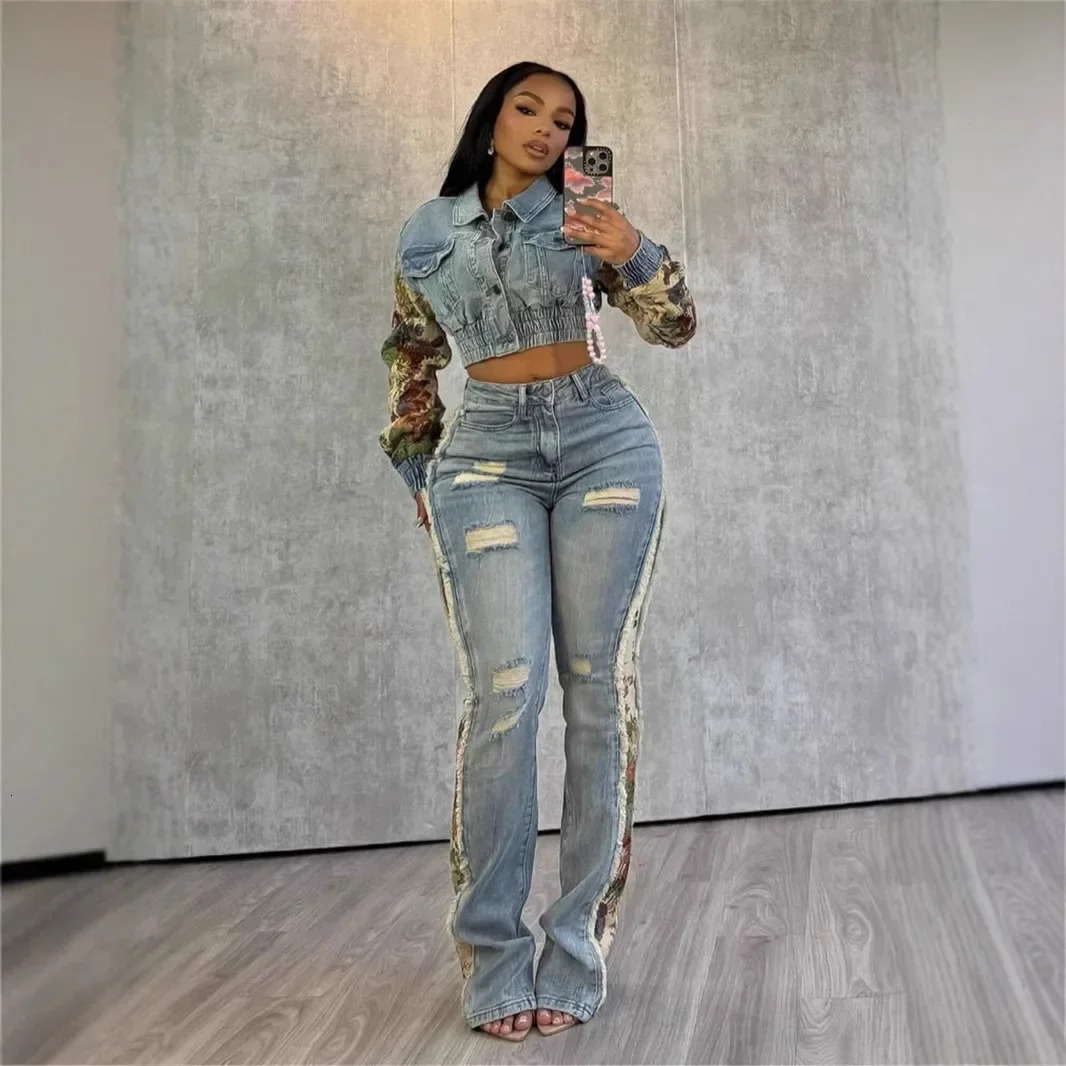 Denim Womens Set Floral Patchwork Full Sleeve Button Fly Jacket and Ripped Jeans Pants Suit 2024 Two 2 Piece Set Outfit 241028