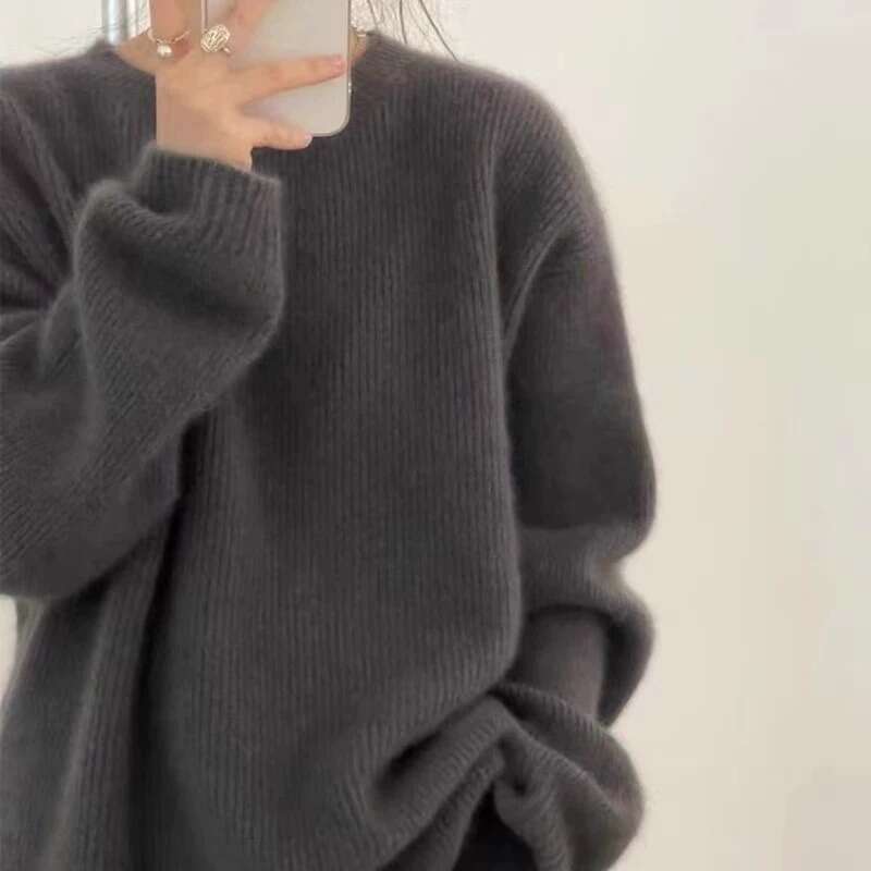 Autumn Winter Europe United States Fan100% Cashmere Women's Crewneck Thick Bottom Loose Pullover Knitted Sweater