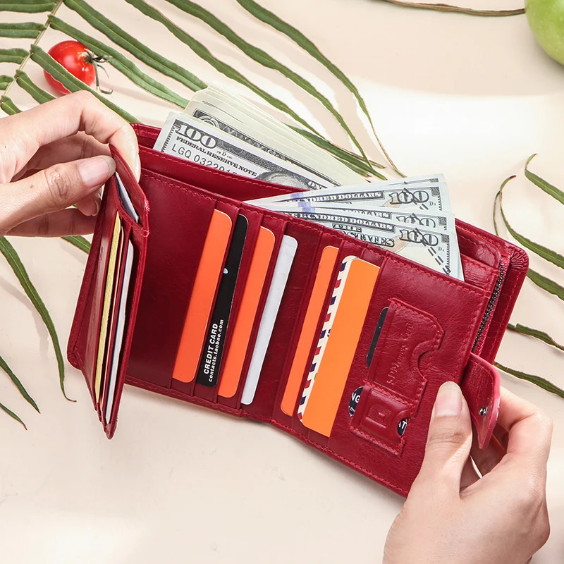 Women's RFID Genuine Leather Compact Coin Zipper Wallet, Red 241028 New Free Delivery Designer Bag