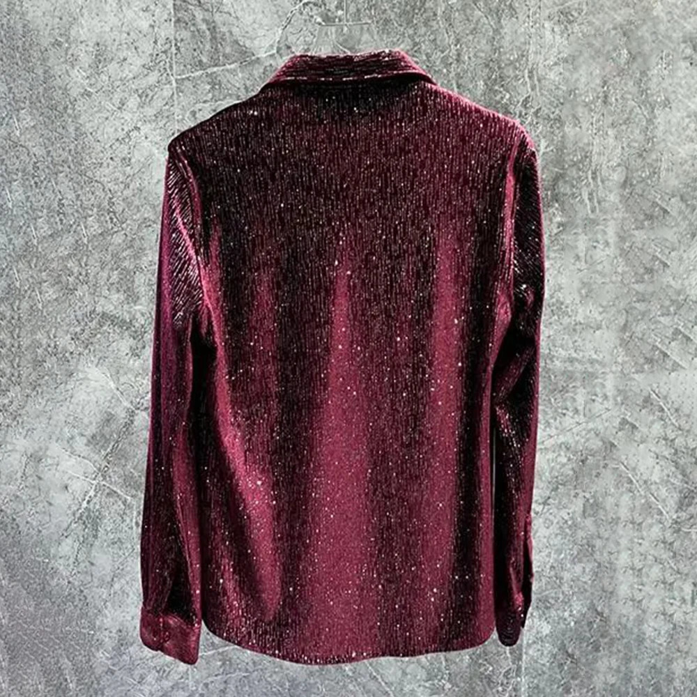Mens gold velvet shiny long sleeved casual shirt autumn unisex fashion youth personality slim nightclub performance top-level unisex style 241028